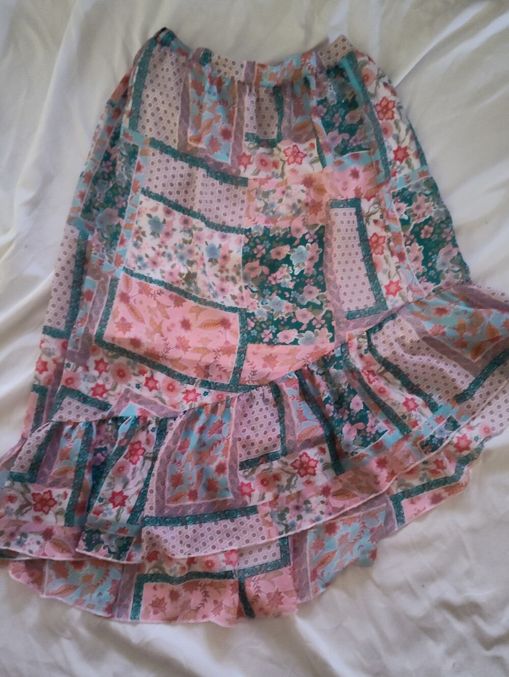 Knitworks Patchwork Floral Ruffle Skirt - Pink & Green